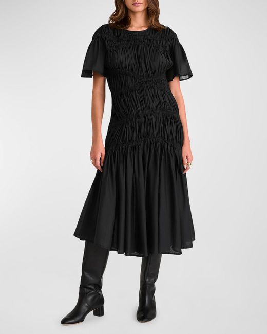 Merlette Black Seraphine Crinkled Flutter-Sleeve Midi Dress