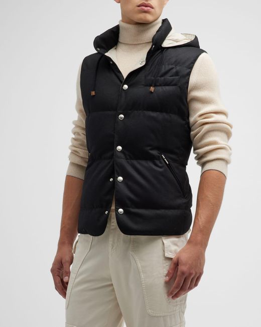 Brunello Cucinelli Flannel Down Vest With Removable Hood in Black for Men |  Lyst