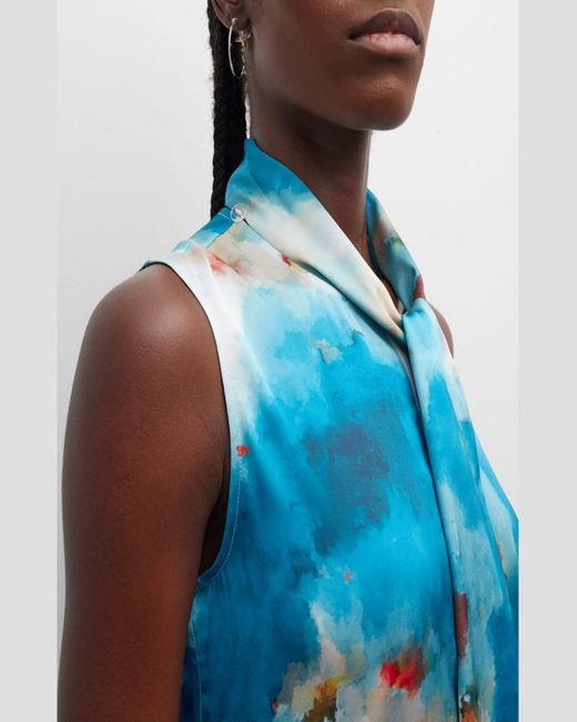 Misook Blue Watercolor-print Tie-neck Crepe Midi Dress