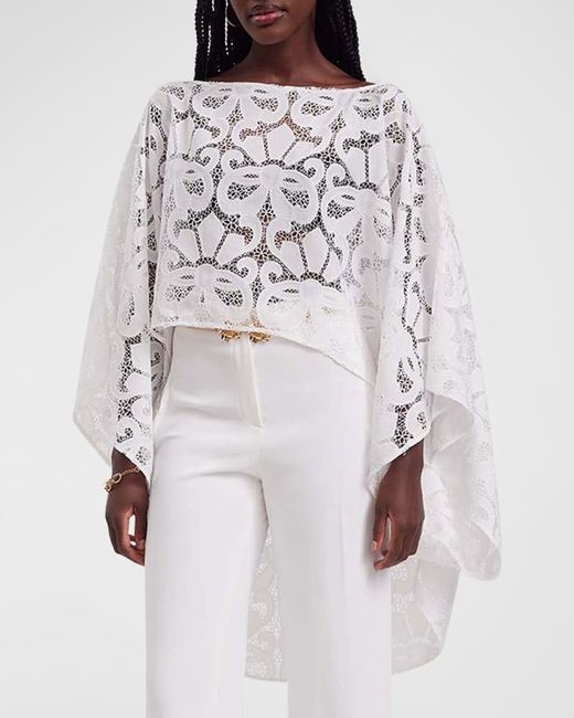 Anne Fontaine White Corinne High-Low Sheer Lace Blouse