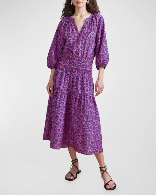 Apiece Apart Purple Laureles Smocked Botanical-print Midi Dress