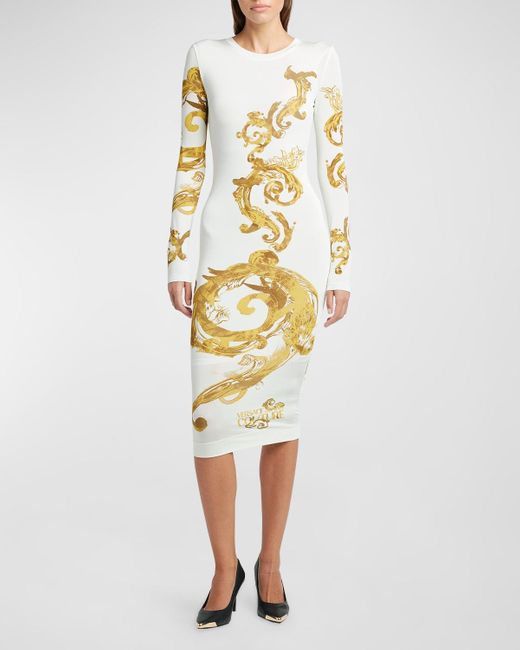 Versace Yellow Chain Couture Long Sleeve Bodycon Midi Dress