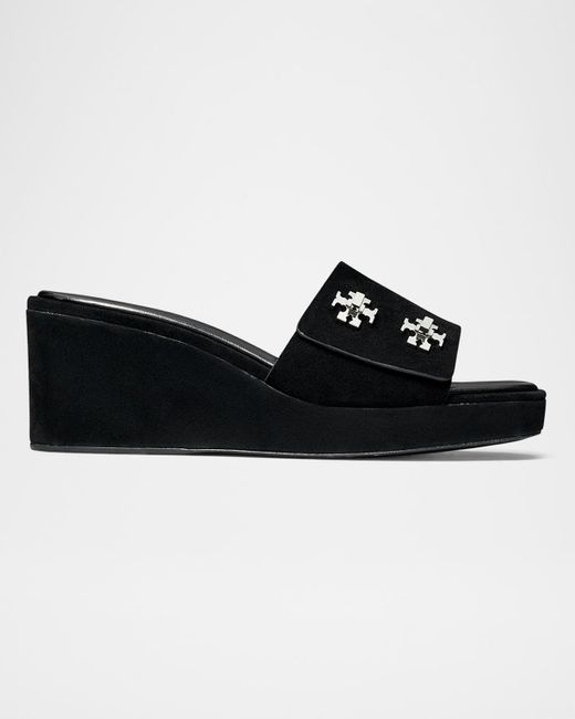 Tory Burch Black Turnlock Suede Wedge Sandals