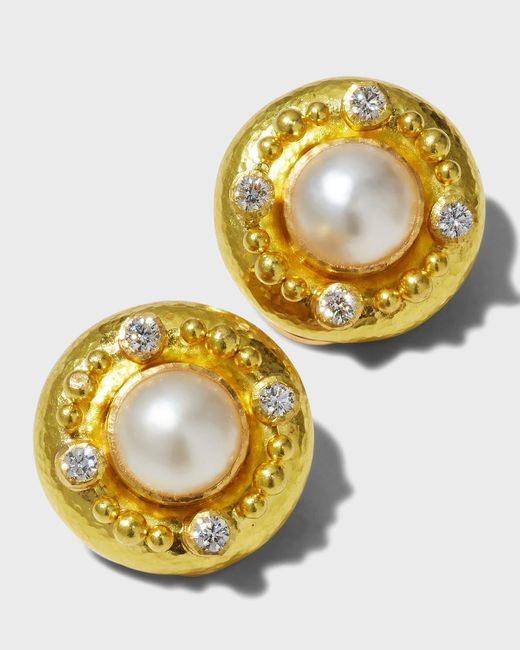 Elizabeth Locke Metallic 9mm White Akoya Pearl Earrings With Four 2.5mm Diamonds