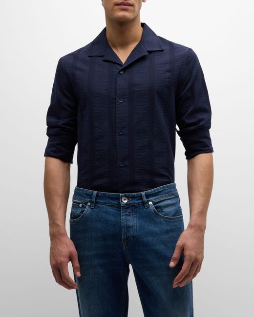 Brunello Cucinelli Blue Seersucker Stripe Casual Button-Down Shirt for men