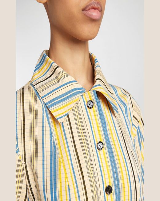 Bottega Veneta Natural Optical Crinkle Check Short-Sleeve Midi Shirtdress