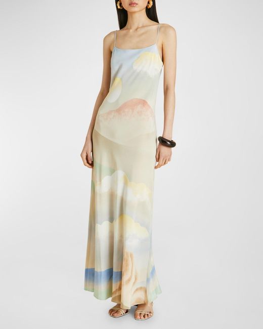 Olivia Von Halle White Olympia Landscape-Print Silk Slip Dress