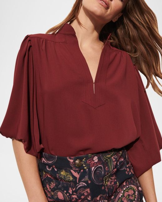 Figue Red Dani Lantern-Sleeve Split-Neck Top