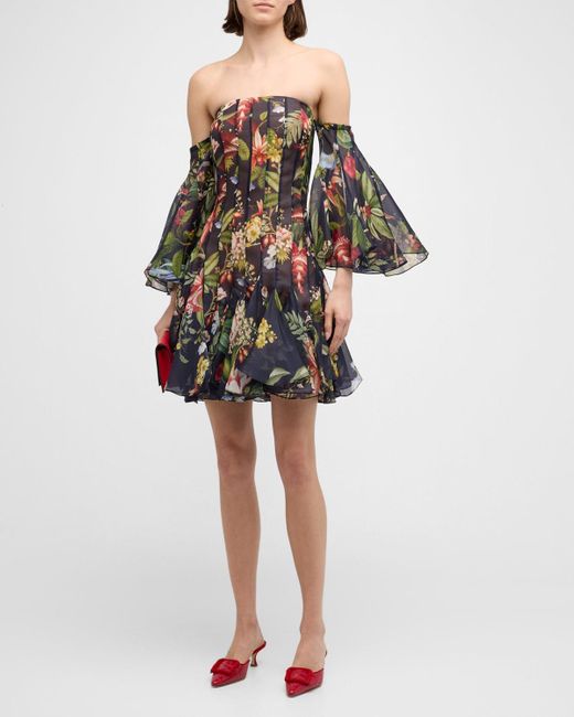 Oscar de la Renta Black Off-The-Shoulder Floral And Fauna Gazar Mini Dress