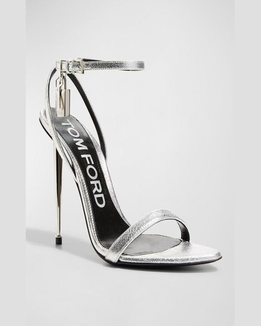 Tom Ford White Padlock Metallic Stiletto Sandals