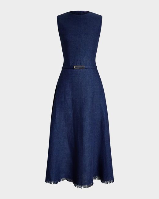 Ralph Lauren Blue Briella Sleeveless Linen Dobby Midi Dress