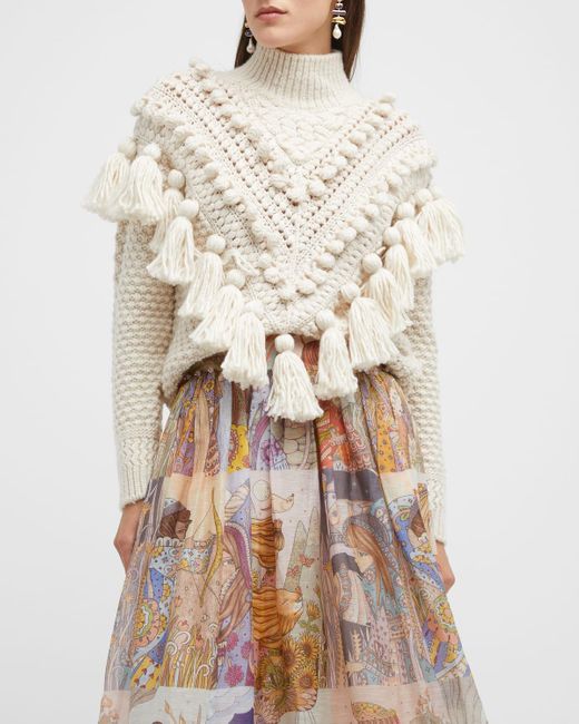 Zimmermann Natural Crochet Tassel And Pom Pom Turtleneck Sweater