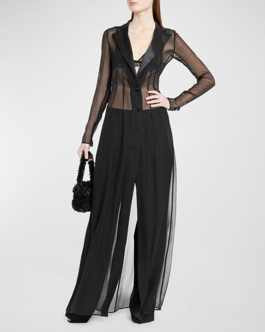 Dolce & Gabbana Black Satin-Lapel Sheer Silk Chiffon Long Coat