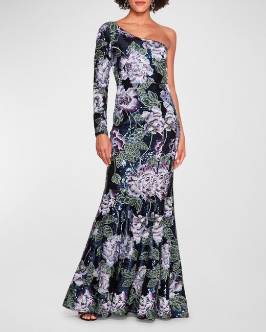 Marchesa Blue One-Shoulder Floral-Embroidered Sequin Gown