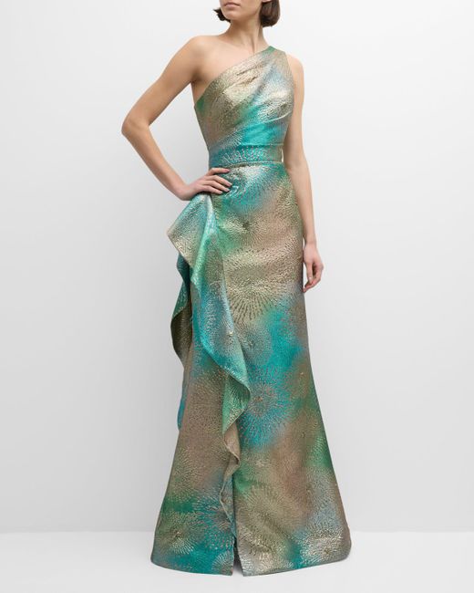 Teri Jon Green One-Shoulder Ruffle Metallic Jacquard Gown