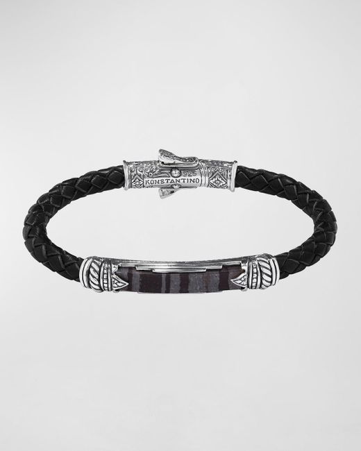Konstantino Metallic 18k Gold/silver Braided Leather Ferrite Bar Bracelet for men