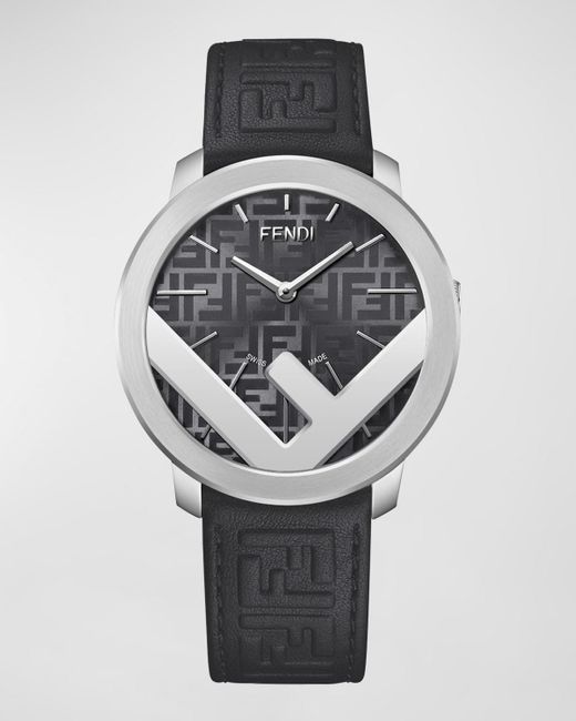 Fendi Gray F Is Stainless Steel & Leather Strap Watch for men