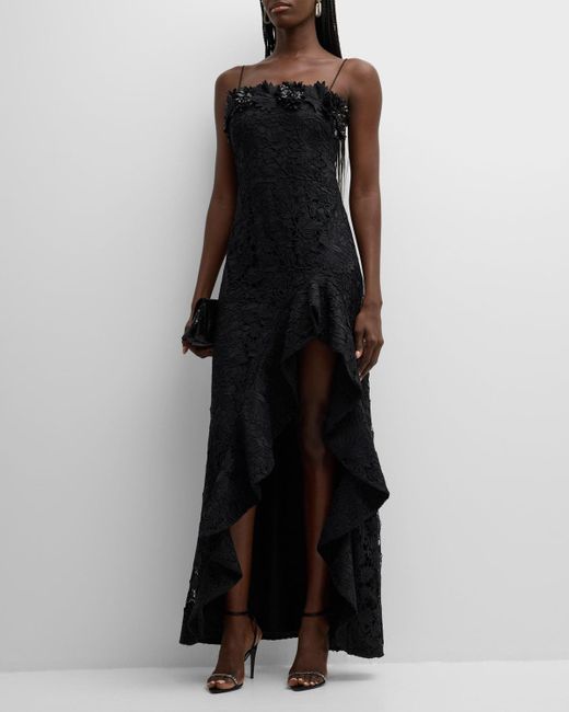Emanuel Ungaro Black Eva High-Low Square-Neck Floral Lace Gown