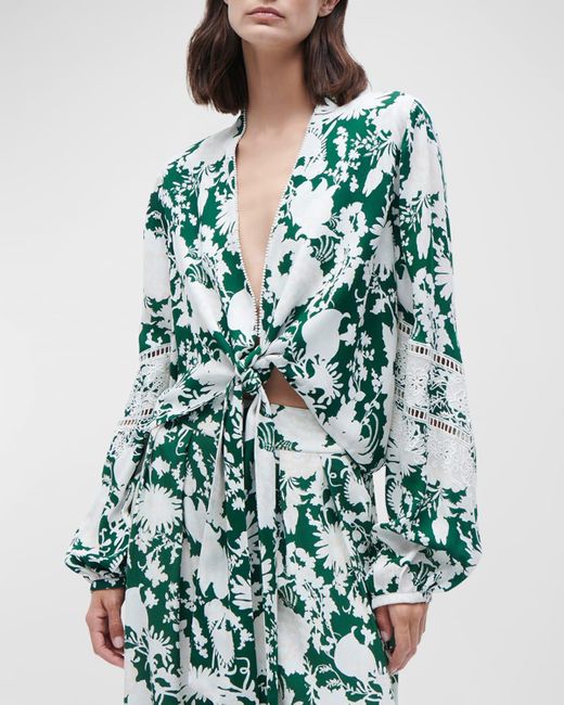 Figue Green Anastasia Floral-print Blouson-sleeve Tied Crop Top