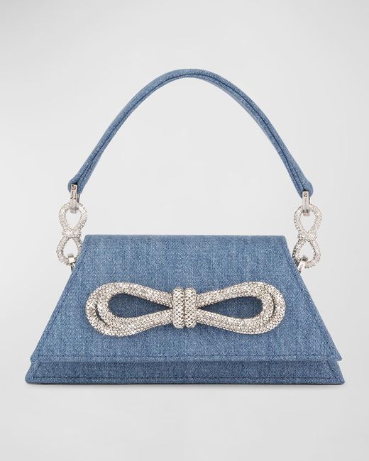 Mach & Mach Blue Samantha Medium Double Bow Denim Top-Handle Bag