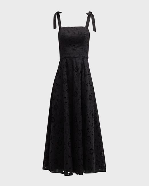 Carolina Herrera Black Bow-Strap Square-Neck Eyelet Embroidered Midi Dress