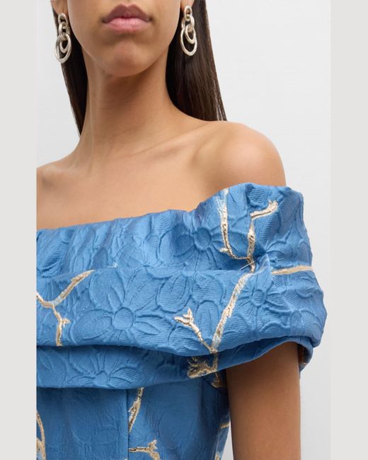 Teri Jon Blue Off-Shoulder Ruffle Floral Jacquard Gown