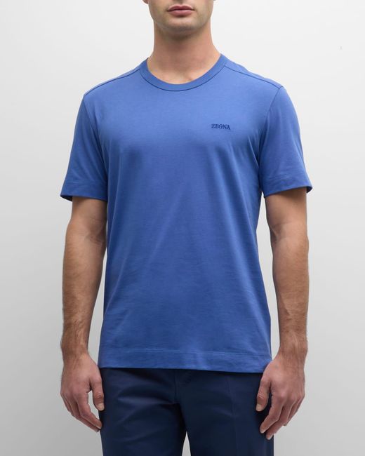 Zegna Blue Cotton Embroidered Logo Crewneck T-Shirt for men