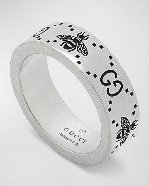Gucci White GG And Bee Band Ring, 6mm for men