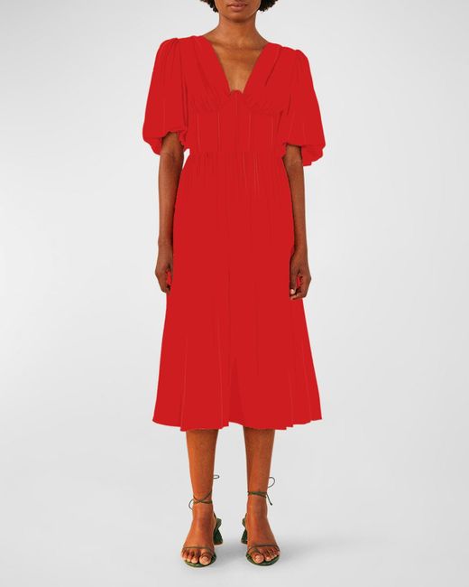 Farm Rio Red Short Puff-sleeve Tie-back Midi Dress
