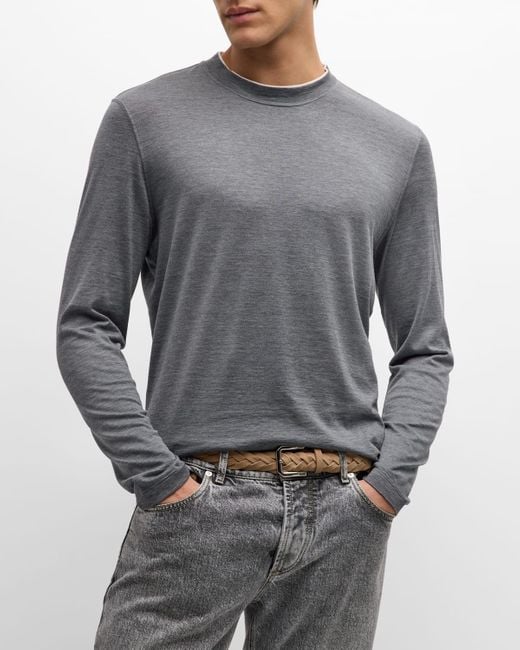 Brunello Cucinelli Gray Silk-Cotton Long Sleeve T-Shirt for men