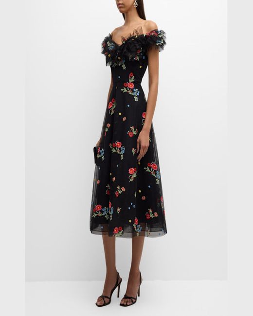 Teri Jon Black Floral-Embroidered Off-Shoulder Midi Dress
