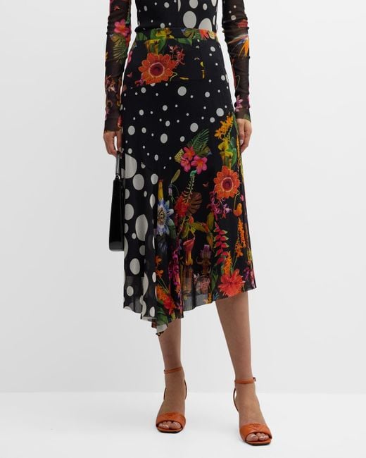 Fuzzi Black Polka Dot & Floral-Print Tulle Midi Skirt