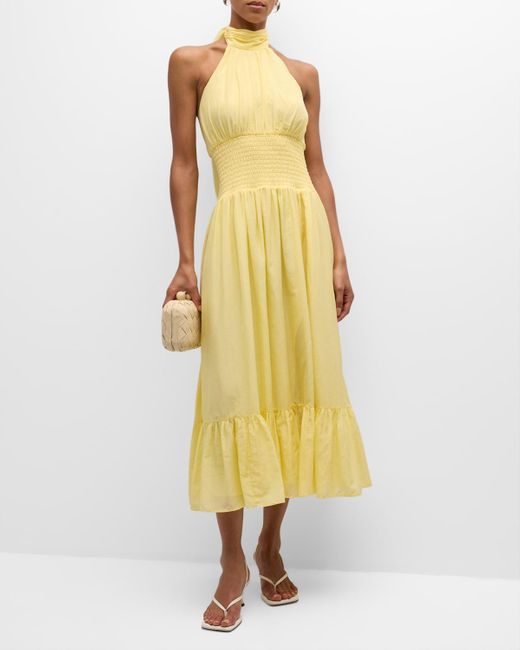 Cinq À Sept Yellow Dover Cotton Silk Sleeveless Midi Halter Dress