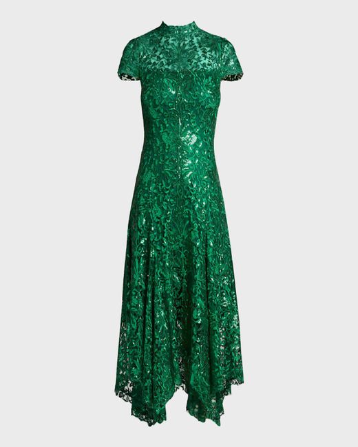 Tadashi Shoji Green Mock-Neck Embroidered Sequin Midi Dress