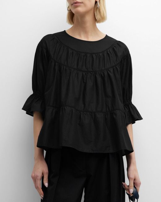Merlette Black Sol Tiered Lace-inset Blouson-sleeve Top