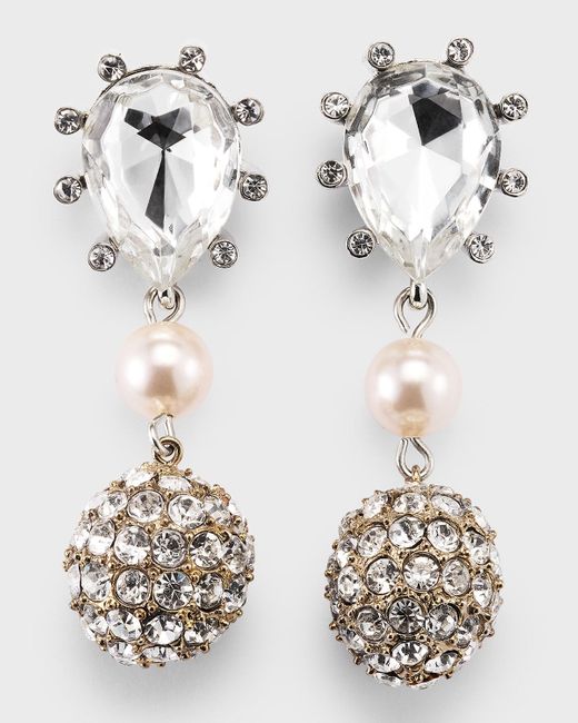 Oscar de la Renta White Cactus Crystal With Pearly Bead And Ball Earrings