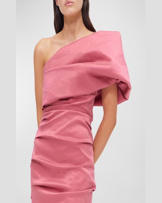 Rachel Gilbert Pink Kat Draped One-Shoulder Column Gown