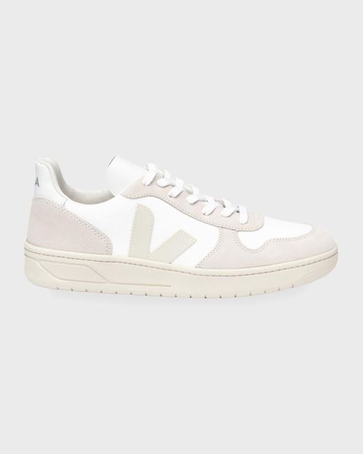 Veja White V-10 Mixed Leather Low-top Court Sneakers