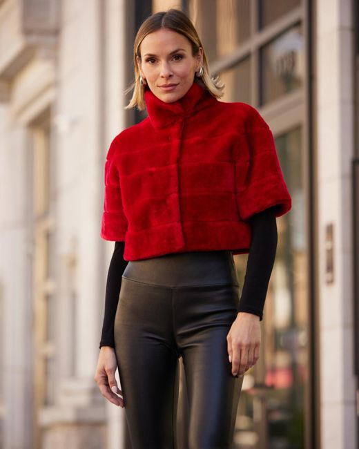 Gorski Horizontal Lamb Shearling Short-Sleeve Bolero Jacket in Red | Lyst