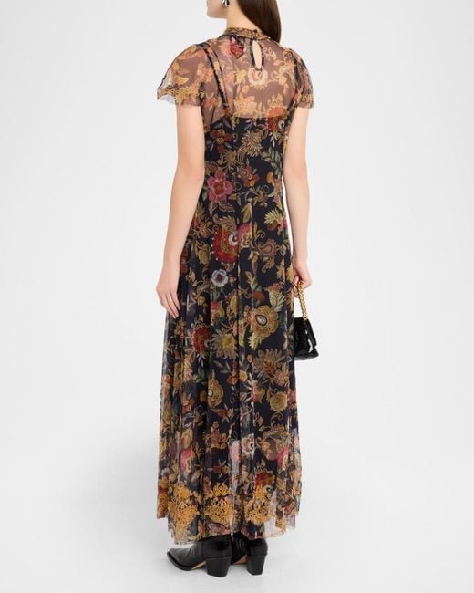 Johnny Was Kaimarie Embroidered Floral-Print Mesh Maxi Dress | Lyst