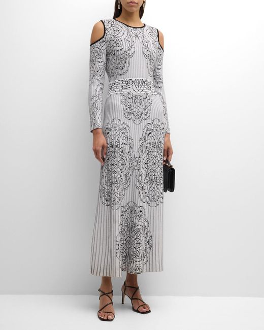 Misook Gray Pleated Cold-Shoulder Jacquard-Knit Maxi Dress