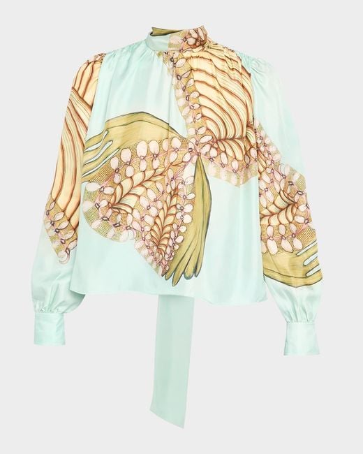 Ulla Johnson Metallic Ornament Silk Tie-Neck Blouse
