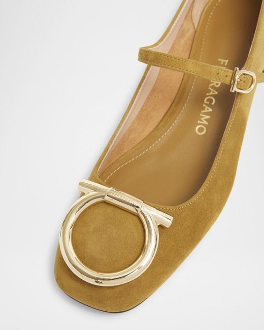 Ferragamo Metallic Marry Suede Gancini Ballerina Flats