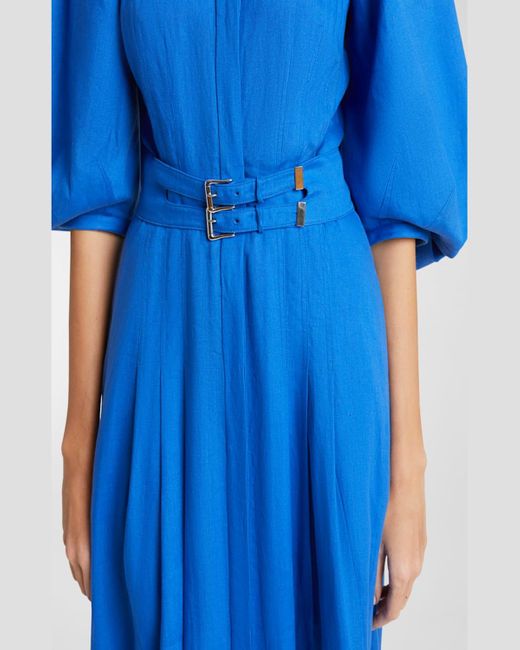 Gabriela Hearst Blue Elea Puff-sleeve Belted Pleated Maxi Dress