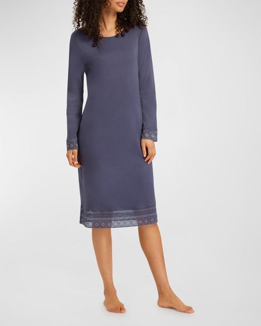Hanro Blue Jona Lace-trim Cotton Nightgown
