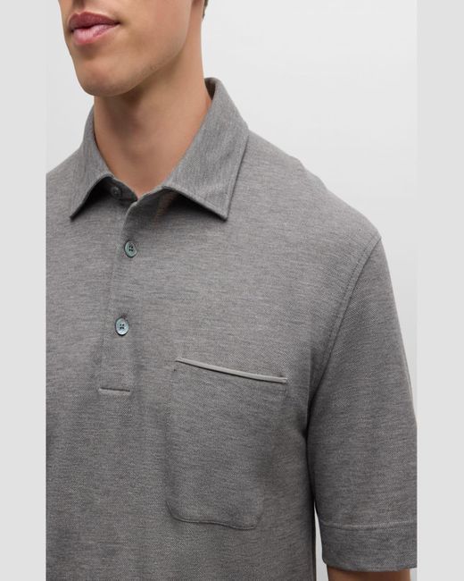 Zegna Gray Cotton Polo Shirt With Leather-Trim Pocket for men