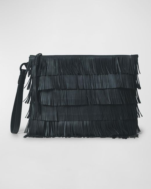 Callista Black Fringe Pouchette Leather Clutch Bag