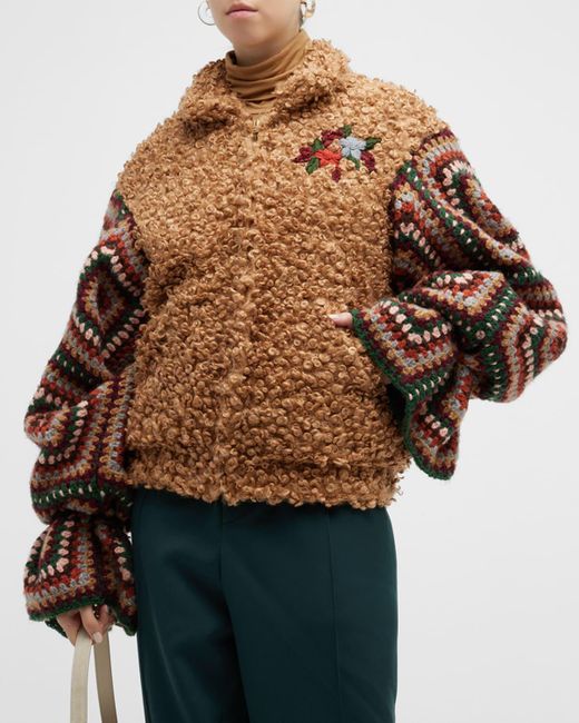 TU LIZE Multicolor Faux Fur Crochet Bomber Jacket