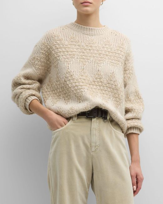 Brunello Cucinelli Natural Lace Effect Winter Jacquard Wool Cashmere Sweater