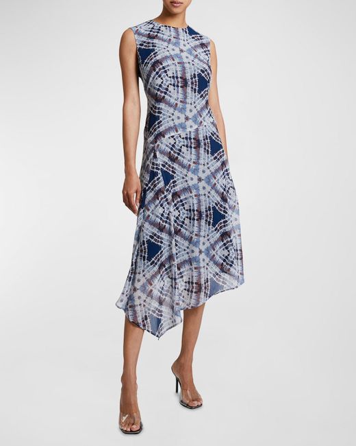 Santorelli Blue Cecilia Asymmetric Abstract-Print Midi Dress